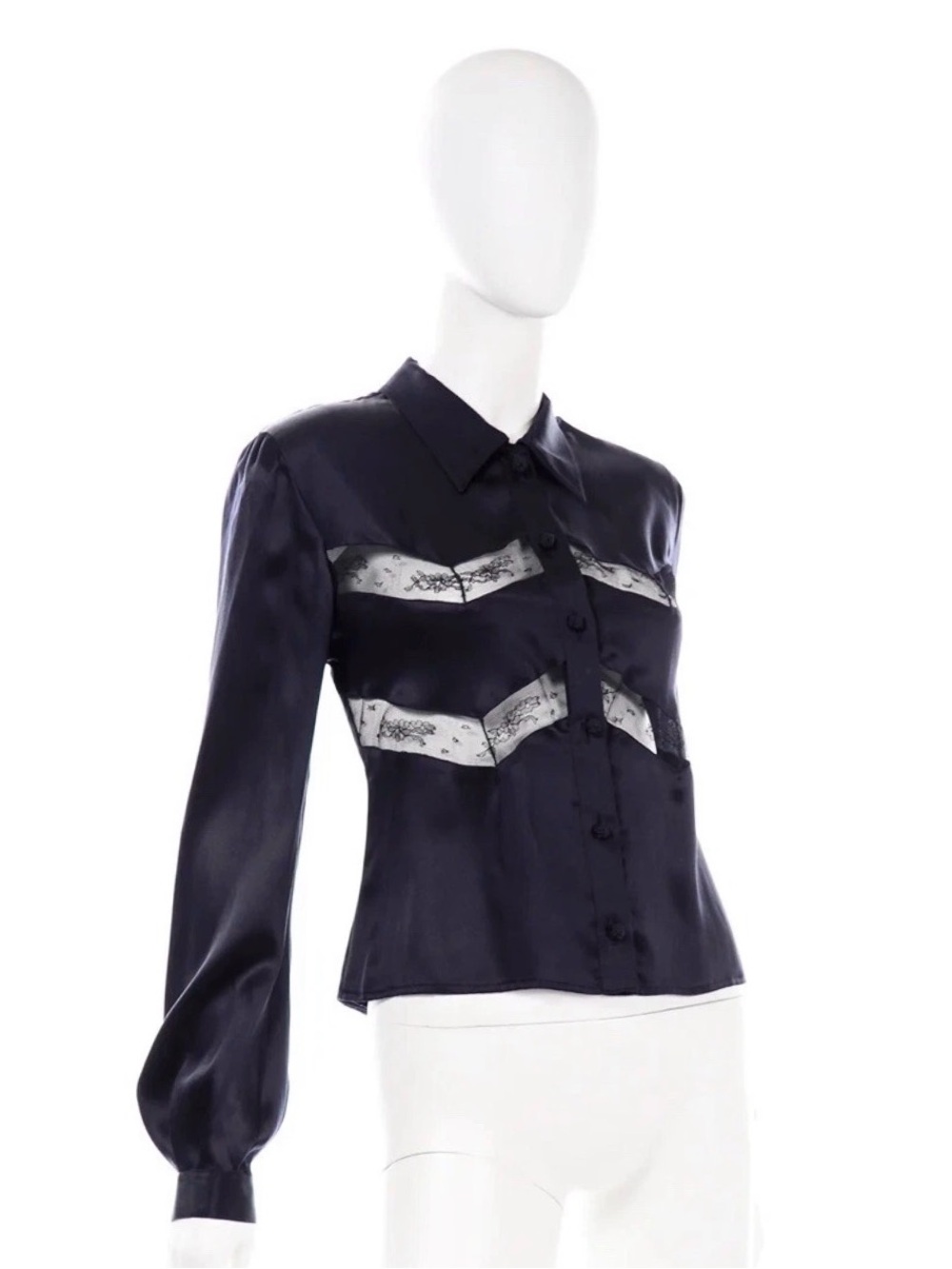VTG Valentino Miss V 100% Silk Satin Navy Blue Black Lace Blouse Italy 14 / 48 - Picture 2 of 10